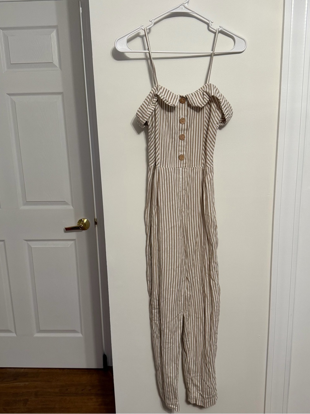 stradivarius Beige‎ and Cream Striped Off-Shoulder Jumpsuit